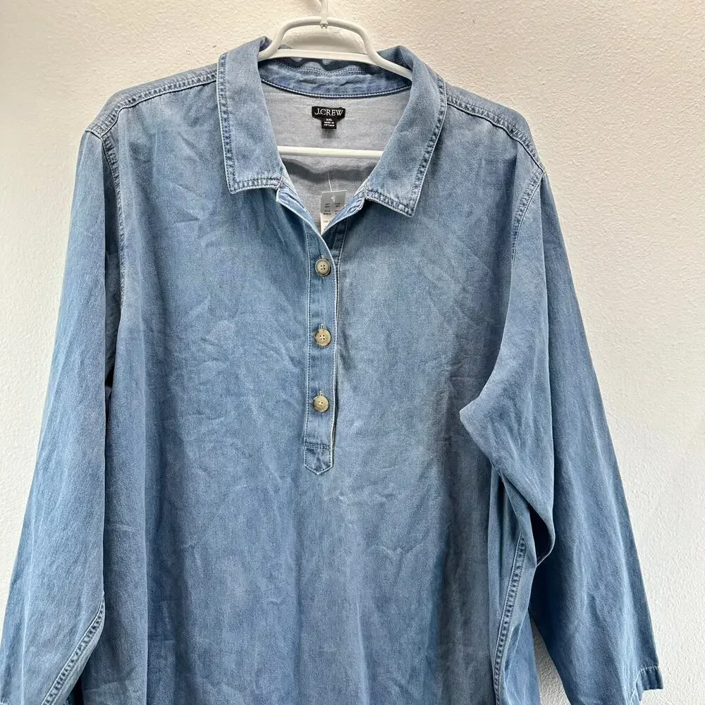 NWT J. Crew Popover Dress in Chambray Blue XXL Boho Prairie Coastal